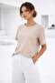 Women's Beige Viscose Short Sleeve T-Shirt with Slit Detail - 3