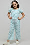 Girl's Blue Printed Jumpsuit with Crew Neck and Puff Sleeves