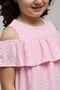 Girl's Pink Schiffli Dress with Crew Neck and Cold Shoulder - 5
