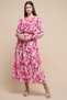 Women's Pink Printed Midi Dress with V-Neck and Long Sleeves