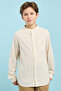 Boy's Beige Striped Shirt with Mandarin Collar and Long Sleeves