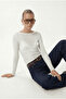 Women's Scarlet Semi-Transparent Boat Neck Ultra Light Ecru Knitted Blouse - 2