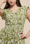 Women's Green Printed Midi Dress with V-Neck and Short Sleeves - 5