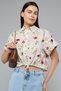 Women's Cream Floral Print Crop Shirt with Classic Collar and Short Sleeves - 3
