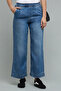 Women's Blue Washed Wide Leg Jeans with Elastic Waist - 3