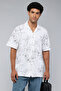 Men's Cream Printed Shirt with Revere Collar and Short Sleeves - 4