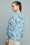 Women's Blue Floral Printed Top with V-Neck and Long Sleeves - 4