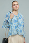 Women's Blue Floral Printed Top with V-Neck and Long Sleeves - 3