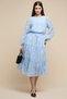 Women's Blue Jacquard Tired Dress with Crew Neck and Balloon Sleeves - 2