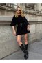 Women's Black Crew Neck Short Sleeve Off Shoulder Oversized Short Mini Dress with Balloon Skirt - 4