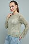 Women's Green Open-Work Top with Crew Neck and Long Sleeves - 2