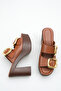 Halivette Brown Women's Buckle Detailed Double Strap Stylish Comfortable Casual Platform High Thick Heeled Slippers - 4