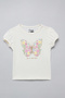 Girl's Cream Printed T-Shirt with Crew Neck and Puff Sleeves