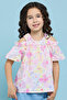 Girl's Cream Floral Print Color Shoulder Top - 2