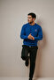 Men's Blue Sweatshirt with Chest Text Print - 4