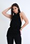 Black Degaje Collar Halter Cut Flock Printed Lined Lace Blouse Alc-X15269
