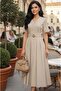 A-Cut Waist Draped Buckle Belt Slit Midi Length V-Neck Short Sleeves Papertouch Fabric Dress - 3