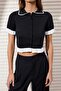 Siyah Polo Yaka Volan Detaylı Crop Renk Bloklu Triko İnce Bluz TWOSS26BZ00296 - 3