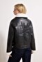 Siyah Oversize Kalıp Peluş Detaylı Suni Deri Biker Ceket Mont TWOAW25MO00001 - 6