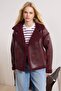 Bordo Peluş Detaylı Suni Deri Biker Ceket Mont TWOAW25MO00066 - 2