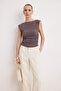 Light Brown Fitted/Bodycon Boat Neck Sleeveless Shirred Textured Knitted Blouse Twoss26Bz00258