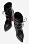 Women's Black Leather Three Buckle Pointed Toe High Heel Zippered Boots Patent Leather - 5