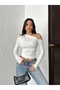 Women's White One Shoulder Open Long Sleeve Sandy Fabric Knitted Blouse - 7