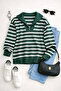 Women's Zippered Collar Slit Striped Emerald Knitwear Sweater