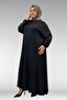 F-52021 Plus Size Green Stone Detailed Combed Cotton Dress - Black - 5