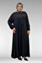 F-52021 Plus Size Green Stone Detailed Combed Cotton Dress - Black