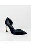 Black Leather Stiletto Gold Heeled Women's Shoes 9cm - 5