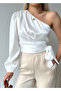 Women's One-Shoulder, Waist-Tied, Side Zipper Closure, Any Sleeve Can Be Worn, Lined Satin Shirt Blouse - 5