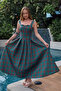 Light Green Plaid Square Neck Long Flounce Dress - 7