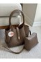 Dark Taupe Color Women's Shoulder Bag with Front Lock Detail and Extra Pouch