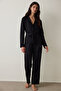 Black Emilia Satin Shirt Collar Pajama Set with Tie Detail - 4