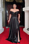 Satin Fabric Boat Neck Evening Dress - Black