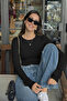 Black – Women's Crew Neck Blouse with Rose Accessories and Finger Loops - 2