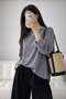 Gray-Women's Crew Neck Wide Sleeve Blouse - 3