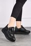 Daily Women's Black Sports Shoes Glitter Detailed Lace-Up Zippered Lightweight Thick Sole Sneaker 0846