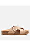 Women's Nubuck Leather Beige Belted Flat Slippers