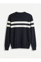Navy Blue Crew Neck Striped Men's Knitwear Sweater - 6