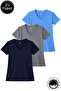 Women's Navy Blue-Anthracite-Blue 3-Pack Slit Viscose V-Neck T-Shirt