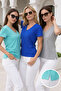 Women's Cobalt Blue-Turquoise-Grey Melange 3-Pack Slit Viscose V-Neck T-Shirt - 6