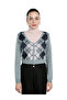 Women Grey Full Sleeve Argyle Checks Cardigan