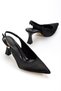 Women's Black Satin Open-Back Pointed Thin Heeled Shoes - 2
