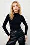 Women's Black Half Turtleneck Long Sleeve Slim Fit Cotton Body Blouse