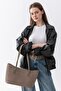 Terra Touch Knitted Patterned Soft Suede Textured Makeup Bag Mink Women's Shopper Shoulder Bag