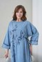 Women's Wide-Fit Long Denim Dress with Beaded Embroidery Detail at the Front and Side Tie. - 3