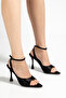 Women's Black Satin Pointed Toe Ankle Strap Detailed Heeled Sandals - 5