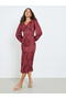 Women Burgundy Floral Balloon Sleeves Sheath Midi Dress - 3